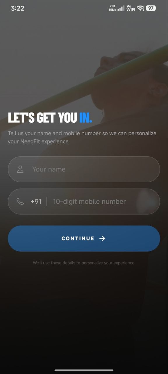 NeedFit onboarding name and phone number screen