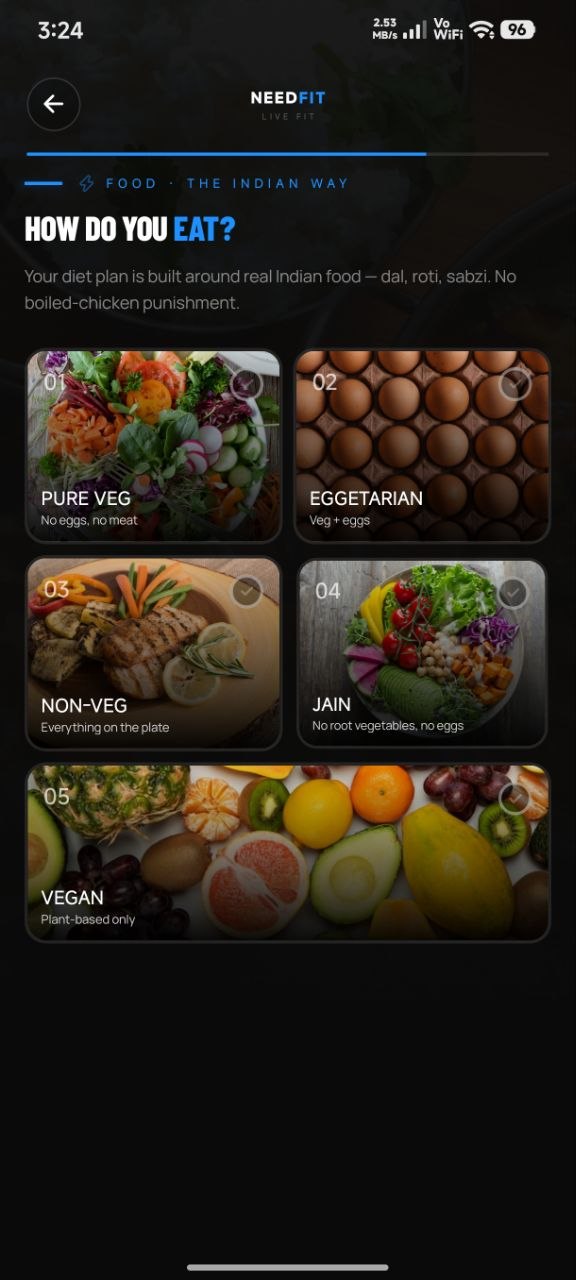 NeedFit diet preference selection screen
