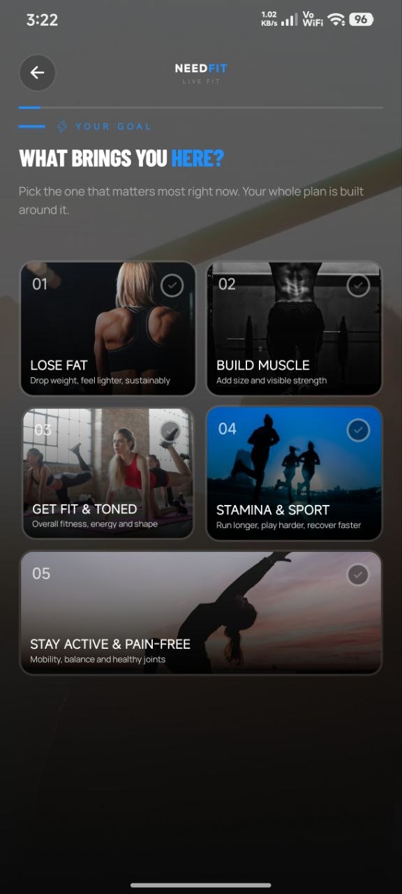 NeedFit goal selection onboarding screen