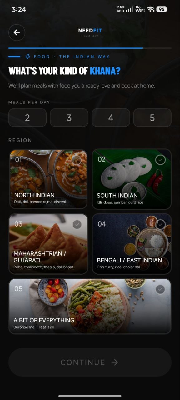 NeedFit regional meal preference screen