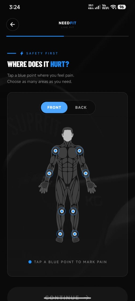 NeedFit pain area body map screen