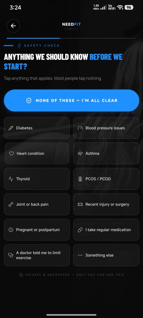 NeedFit safety check screen